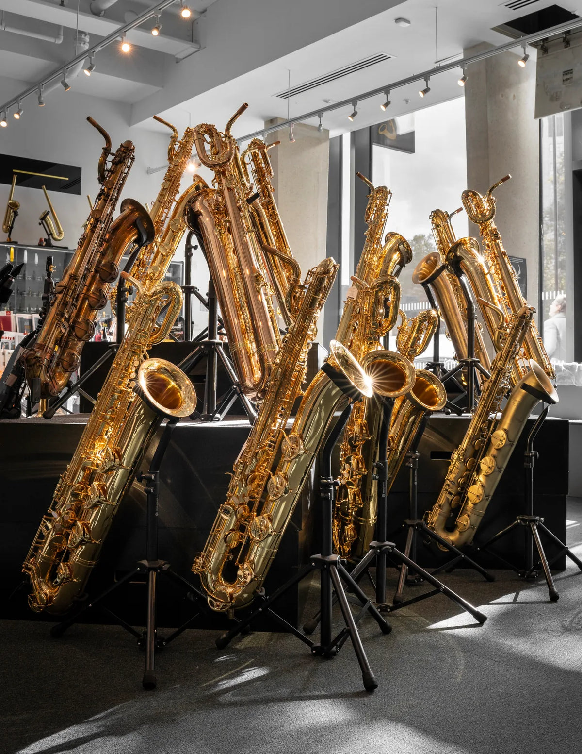 Baritone saxophones in the London showroom