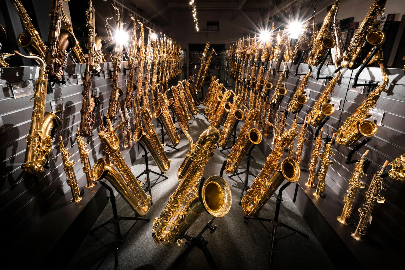 Rows of saxophones in the SAX London showroom