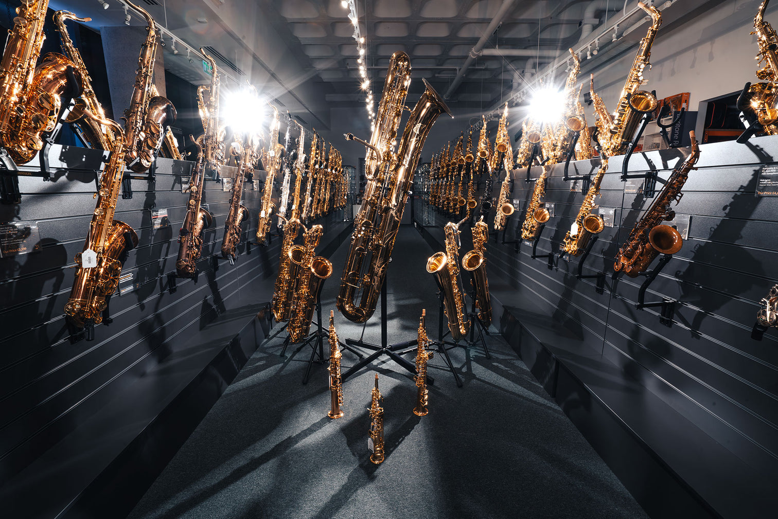 Landscape view of the saxophone displays at SAX London